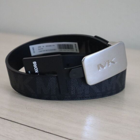 Michael Kors 86S3SBLY7B Men's Sz 36 Black MK Print - Silver MK Plaque Belt - Picture 5 of 9